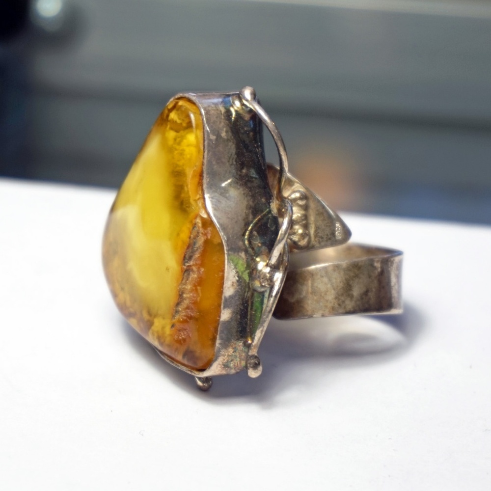 Bold Raw Amber Silver Ring Adjustable Unique - image 8